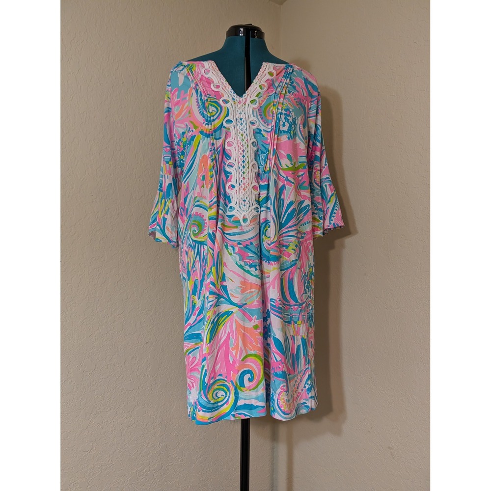 Lilly Pulitzer Krysta Tunic  Paisley Lace Trim Bell Sleeve Shift Dress Large